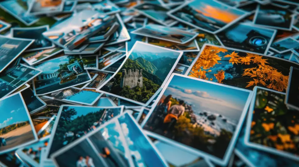 pile of photos on table