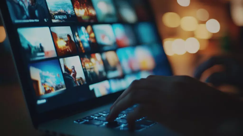 closeup of a hand typing on a laptop with a grid of images displayed on the screen